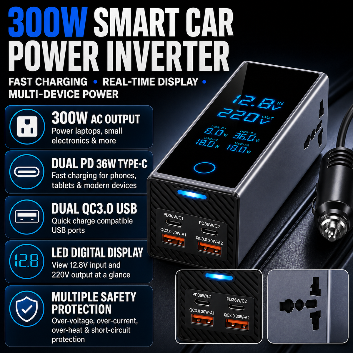 Smart 300W Car Power Inverter with Digital Display, 12V DC to 220V AC Converter, USB-C PD & QC3.0 Fast Charger for Vehicles