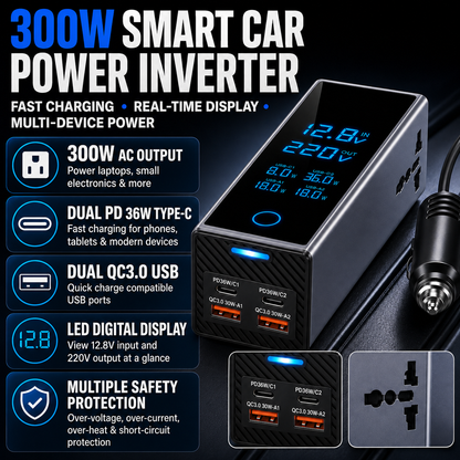 Smart 300W Car Power Inverter with Digital Display, 12V DC to 220V AC Converter, USB-C PD & QC3.0 Fast Charger for Vehicles