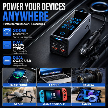 Smart 300W Car Power Inverter with Digital Display, 12V DC to 220V AC Converter, USB-C PD & QC3.0 Fast Charger for Vehicles