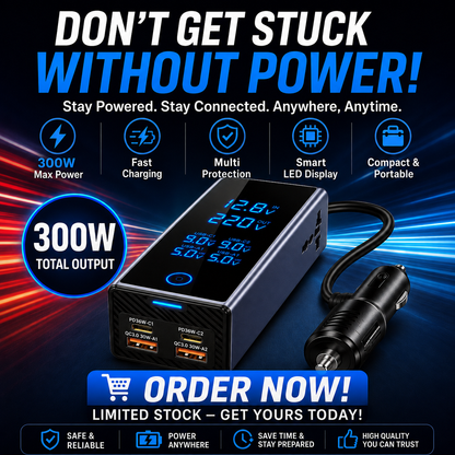 Smart 300W Car Power Inverter with Digital Display, 12V DC to 220V AC Converter, USB-C PD & QC3.0 Fast Charger for Vehicles