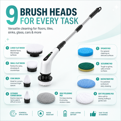 Electric Spin Scrubber Brush with Multiple Heads – Cordless Extendable Power Cleaner for Bathroom, Shower, Tile, Grout, Kitchen & Floors