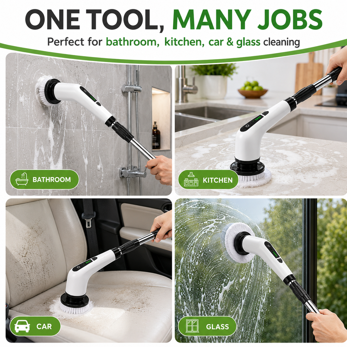 Electric Spin Scrubber Brush with Multiple Heads – Cordless Extendable Power Cleaner for Bathroom, Shower, Tile, Grout, Kitchen & Floors