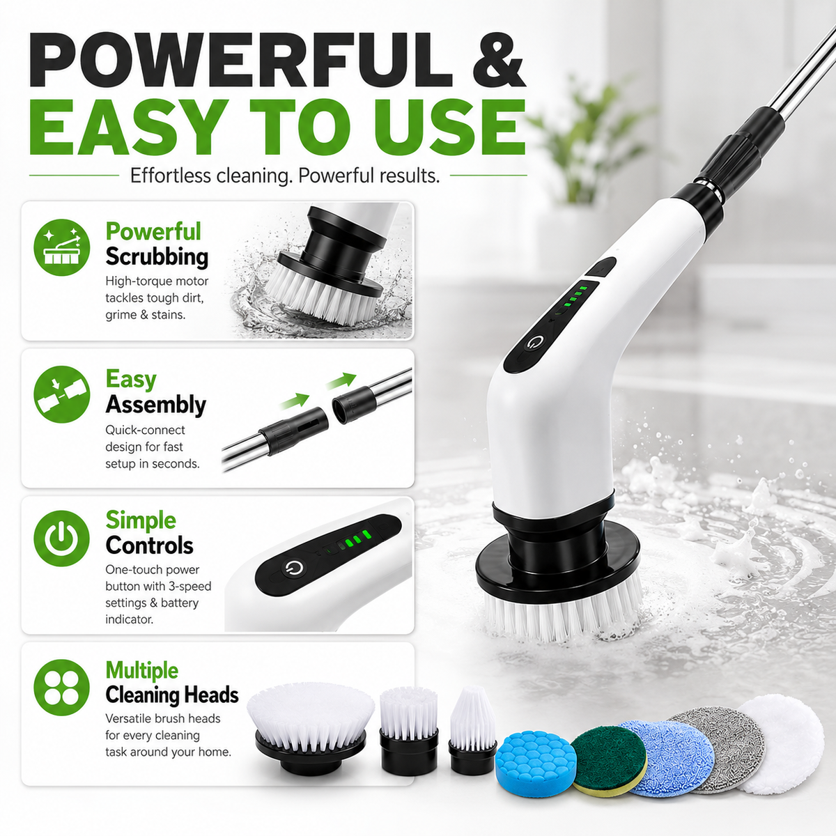 Electric Spin Scrubber Brush with Multiple Heads – Cordless Extendable Power Cleaner for Bathroom, Shower, Tile, Grout, Kitchen & Floors