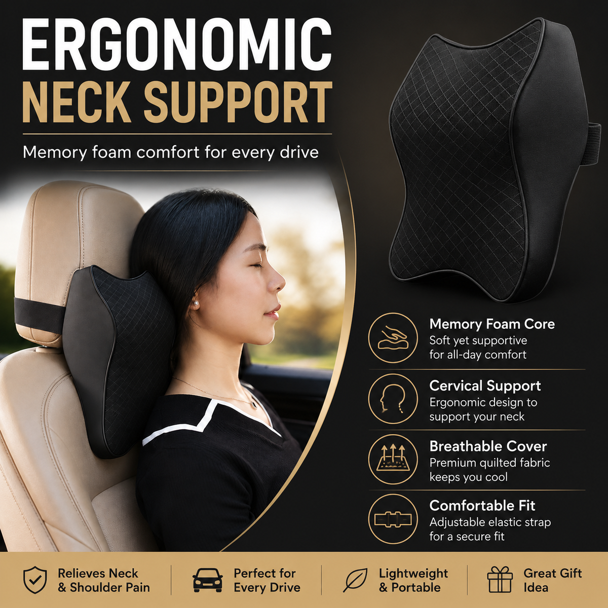 Ergonomic Memory Foam Car Neck Pillow – Breathable Adjustable Headrest Cushion for Cervical Support, Neck Pain Relief & Driving Comfort