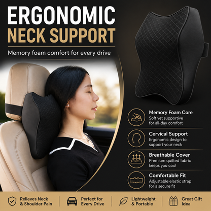 Ergonomic Memory Foam Car Neck Pillow – Breathable Adjustable Headrest Cushion for Cervical Support, Neck Pain Relief & Driving Comfort