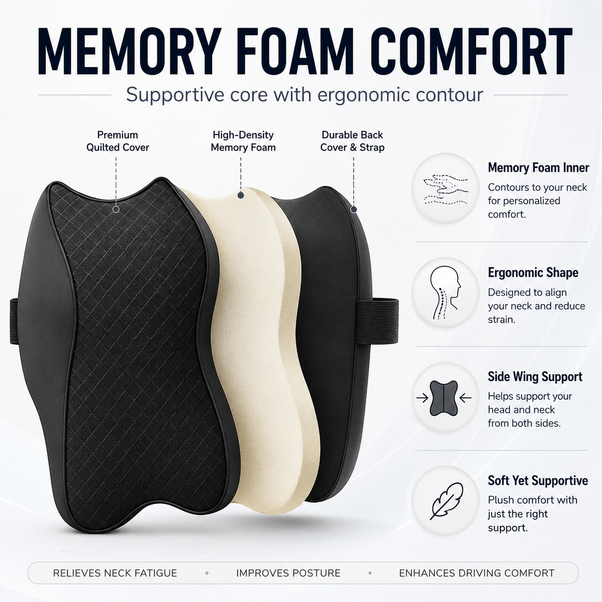 Ergonomic Memory Foam Car Neck Pillow – Breathable Adjustable Headrest Cushion for Cervical Support, Neck Pain Relief & Driving Comfort