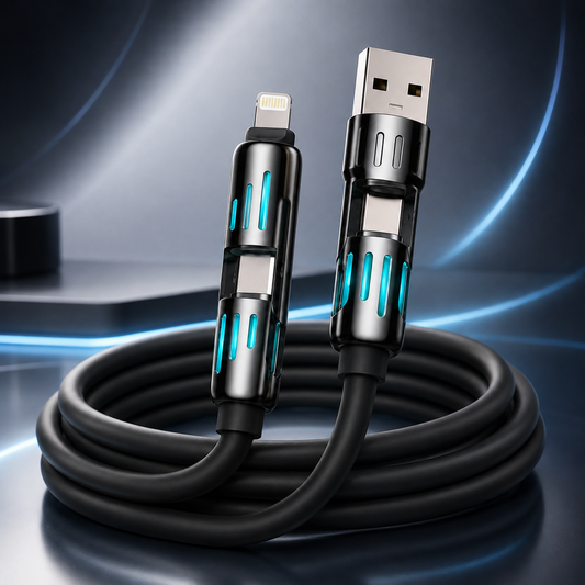 4-in-1 240W Fast Charging Cable – Universal USB-A, Type-C, Lightning & Micro USB Multi Charging Cable for Phones, Tablets, Earbuds & Power Banks