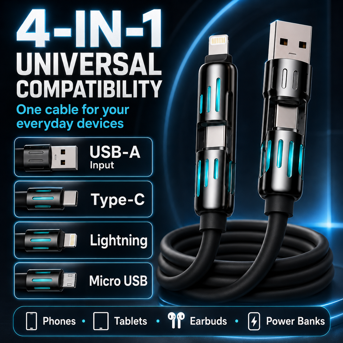 4-in-1 240W Fast Charging Cable – Universal USB-A, Type-C, Lightning & Micro USB Multi Charging Cable for Phones, Tablets, Earbuds & Power Banks