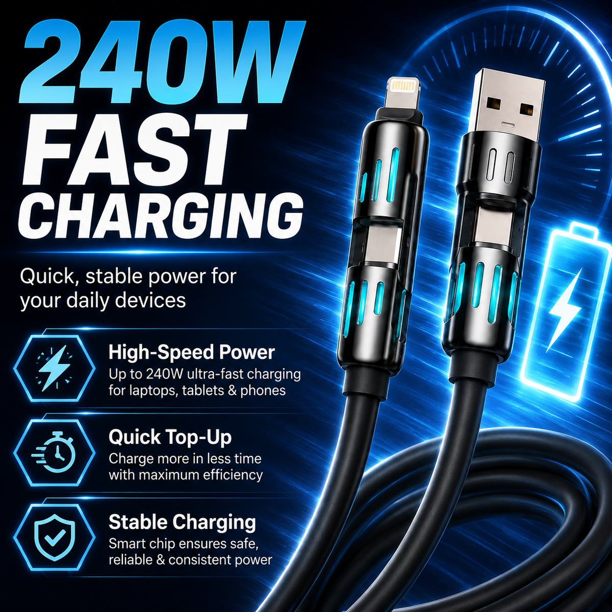 4-in-1 240W Fast Charging Cable – Universal USB-A, Type-C, Lightning & Micro USB Multi Charging Cable for Phones, Tablets, Earbuds & Power Banks