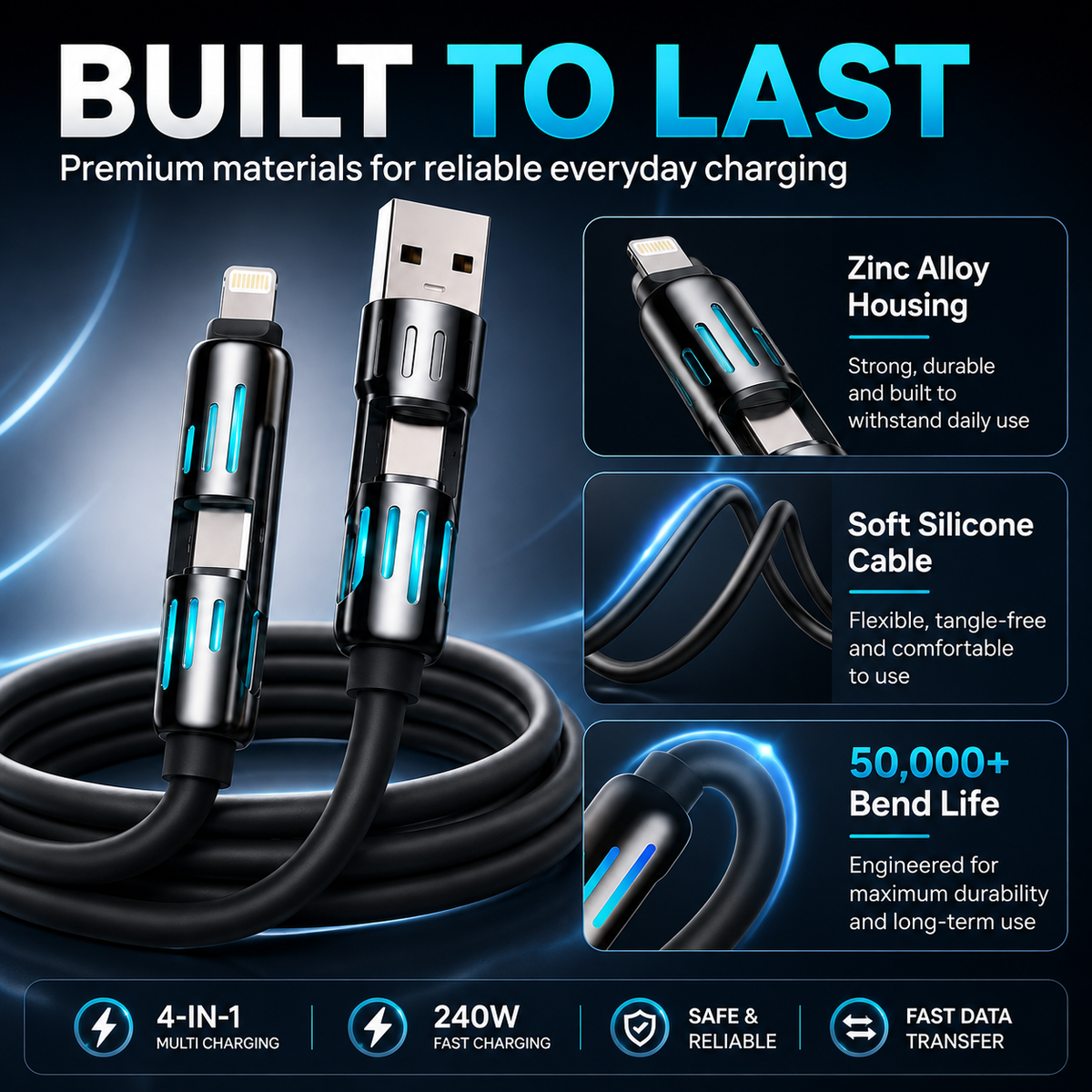 4-in-1 240W Fast Charging Cable – Universal USB-A, Type-C, Lightning & Micro USB Multi Charging Cable for Phones, Tablets, Earbuds & Power Banks