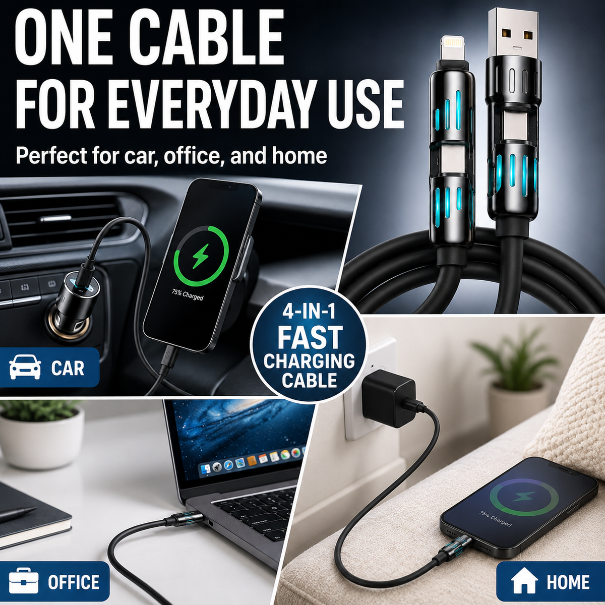 4-in-1 240W Fast Charging Cable – Universal USB-A, Type-C, Lightning & Micro USB Multi Charging Cable for Phones, Tablets, Earbuds & Power Banks