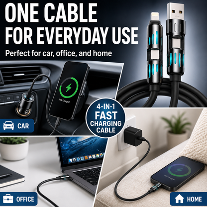 4-in-1 240W Fast Charging Cable – Universal USB-A, Type-C, Lightning & Micro USB Multi Charging Cable for Phones, Tablets, Earbuds & Power Banks