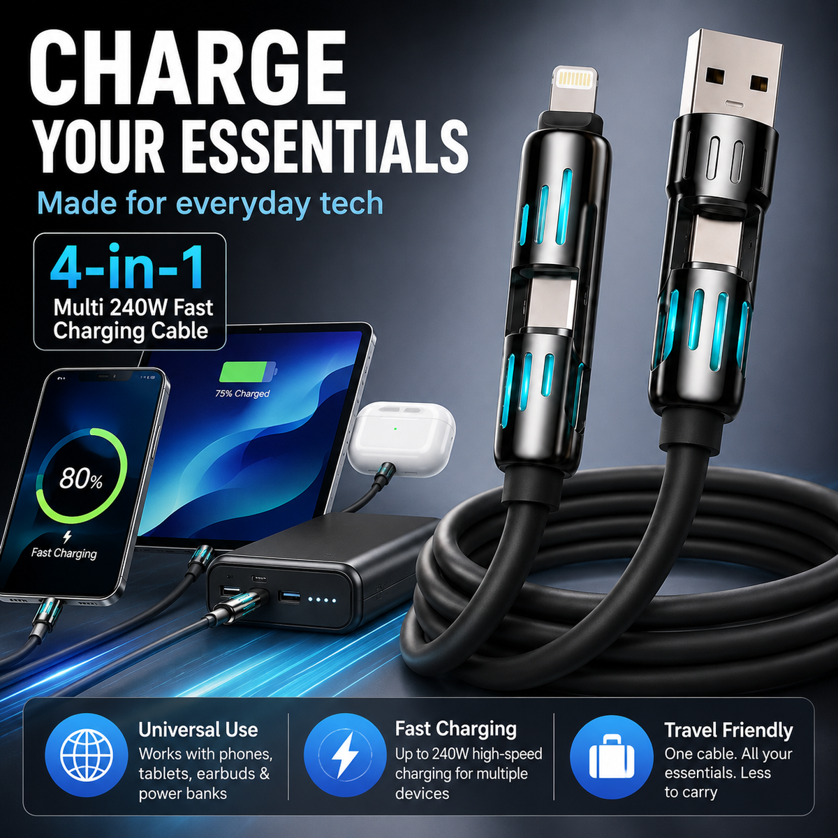 4-in-1 240W Fast Charging Cable – Universal USB-A, Type-C, Lightning & Micro USB Multi Charging Cable for Phones, Tablets, Earbuds & Power Banks