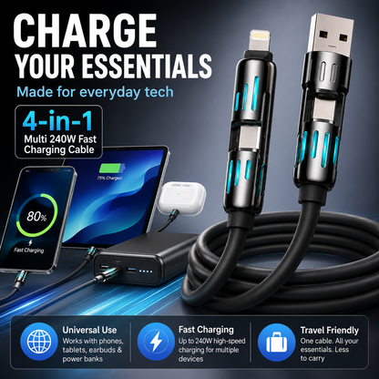 4-in-1 240W Fast Charging Cable – Universal USB-A, Type-C, Lightning & Micro USB Multi Charging Cable for Phones, Tablets, Earbuds & Power Banks
