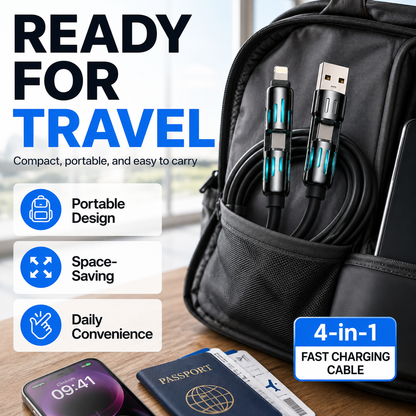 4-in-1 240W Fast Charging Cable – Universal USB-A, Type-C, Lightning & Micro USB Multi Charging Cable for Phones, Tablets, Earbuds & Power Banks