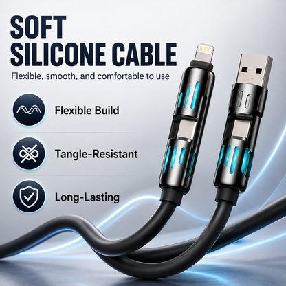 4-in-1 240W Fast Charging Cable – Universal USB-A, Type-C, Lightning & Micro USB Multi Charging Cable for Phones, Tablets, Earbuds & Power Banks