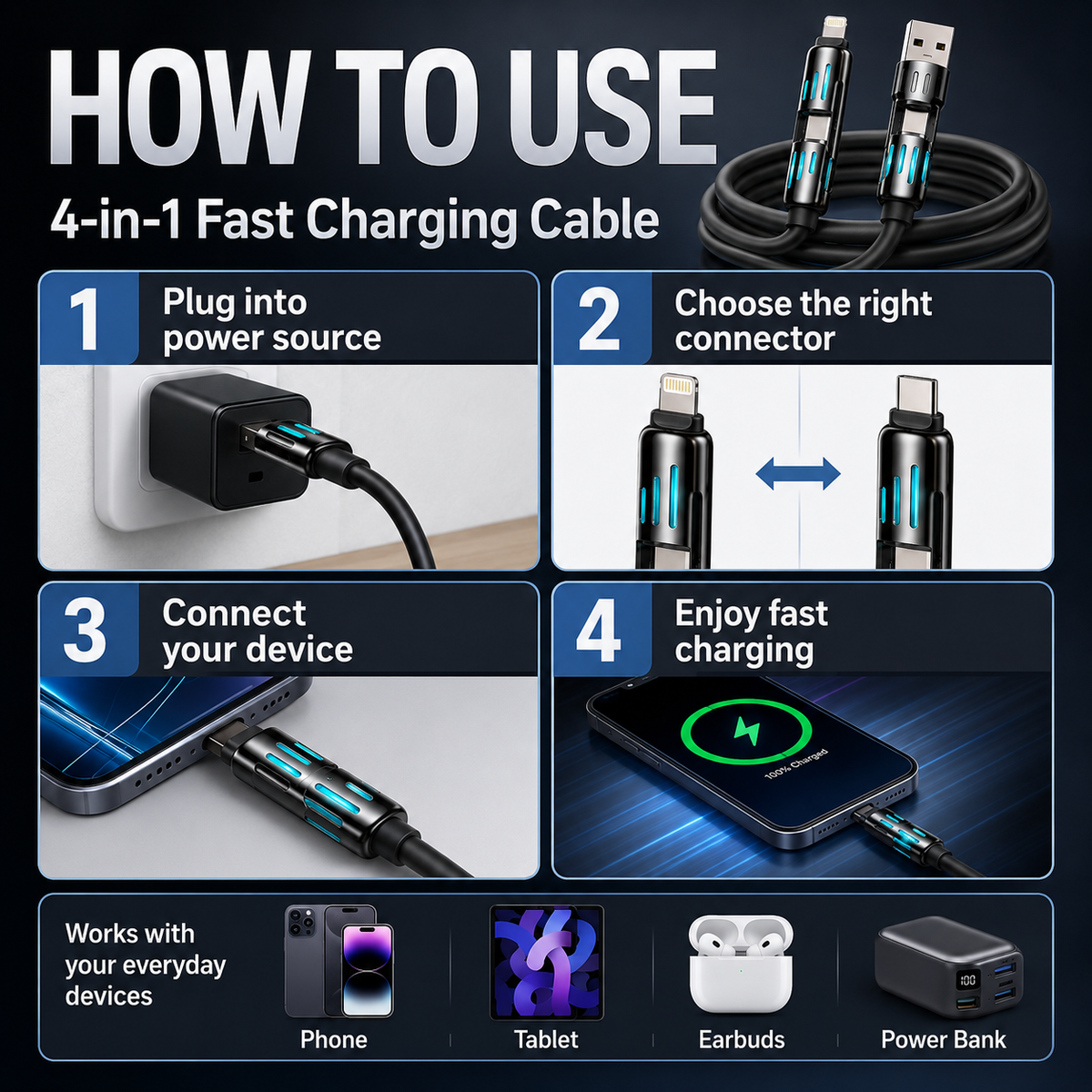 4-in-1 240W Fast Charging Cable – Universal USB-A, Type-C, Lightning & Micro USB Multi Charging Cable for Phones, Tablets, Earbuds & Power Banks