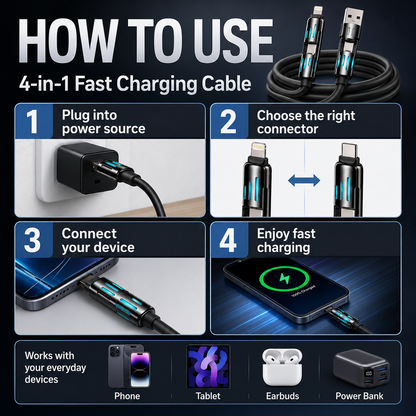 4-in-1 240W Fast Charging Cable – Universal USB-A, Type-C, Lightning & Micro USB Multi Charging Cable for Phones, Tablets, Earbuds & Power Banks