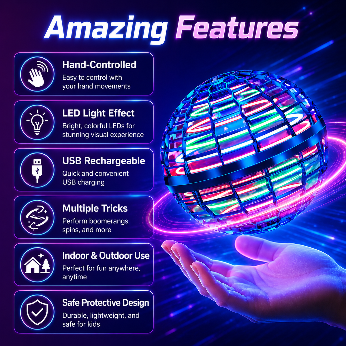 Flynova Pro Flying Spinner Ball – Rechargeable LED Hand-Controlled Boomerang Toy for Kids & Adults