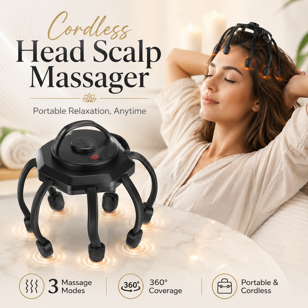 Cordless Head Scalp Massager – 3-Mode Vibrating 360° Scalp Massage Device with 8 Massage Contacts