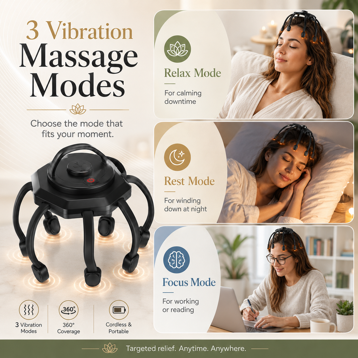 Cordless Head Scalp Massager – 3-Mode Vibrating 360° Scalp Massage Device with 8 Massage Contacts