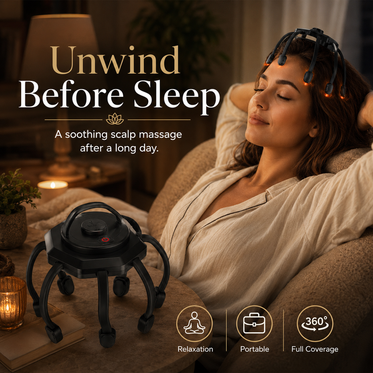 Cordless Head Scalp Massager – 3-Mode Vibrating 360° Scalp Massage Device with 8 Massage Contacts