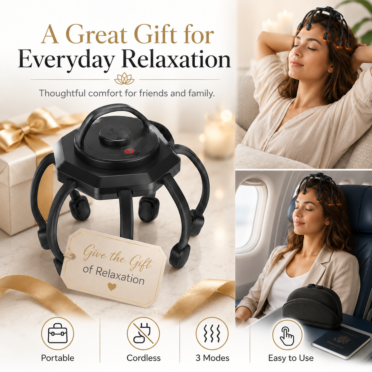 Cordless Head Scalp Massager – 3-Mode Vibrating 360° Scalp Massage Device with 8 Massage Contacts