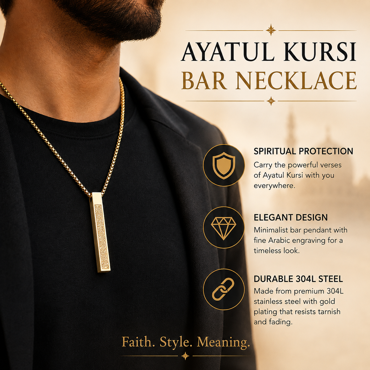 Ayatul Kursi Bar Necklace – Islamic Stainless Steel Pendant for Men & Women
