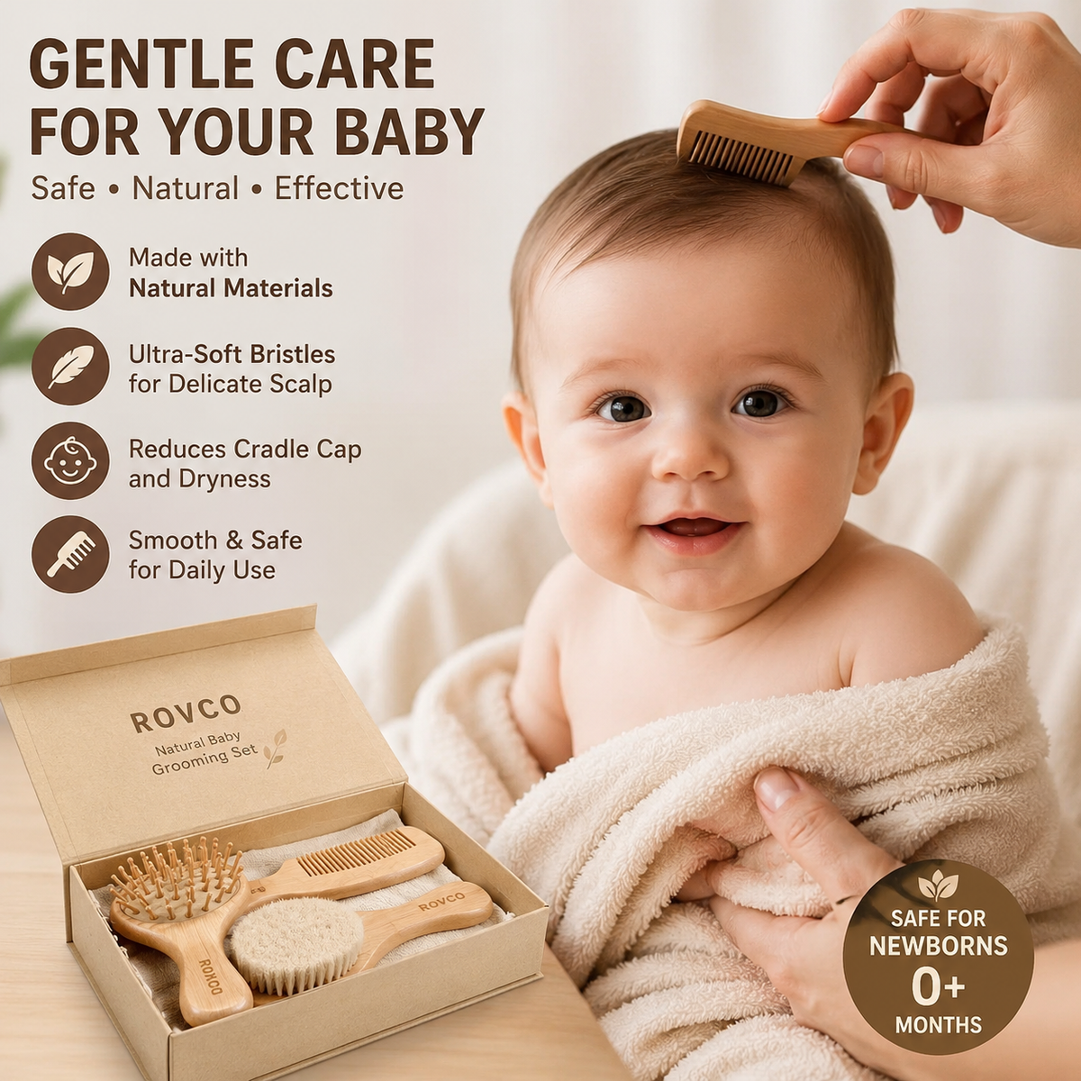 Rovco Baby Comb & Brush Set – Natural Wooden Newborn Hair Brush, Scalp Massage Brush & Comb for Cradle Cap Care, Gentle Grooming & Healthy Hair