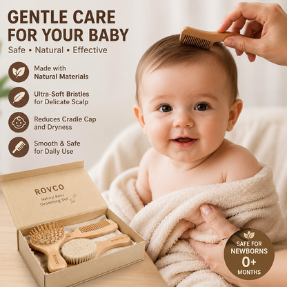 Rovco Baby Comb & Brush Set – Natural Wooden Newborn Hair Brush, Scalp Massage Brush & Comb for Cradle Cap Care, Gentle Grooming & Healthy Hair