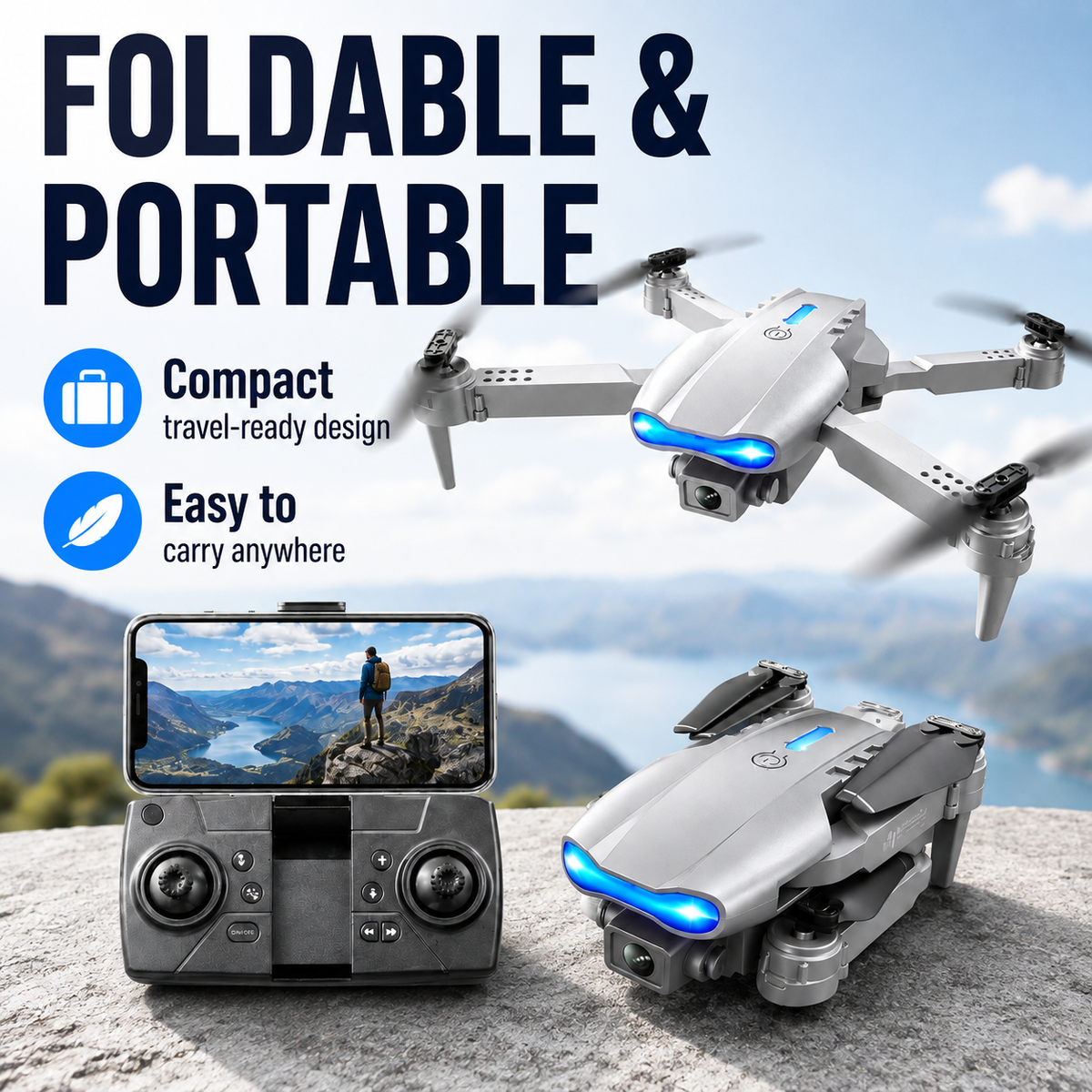 E99 Foldable Drone with 720p HD WiFi Camera – Beginner-Friendly Quadcopter with Altitude Hold, 360° Flip, Headless Mode, LED Lights & One-Key Takeoff/Landing
