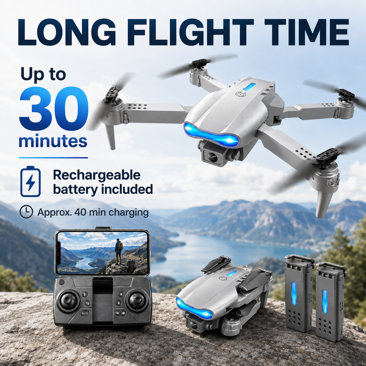 E99 Foldable Drone with 720p HD WiFi Camera – Beginner-Friendly Quadcopter with Altitude Hold, 360° Flip, Headless Mode, LED Lights & One-Key Takeoff/Landing