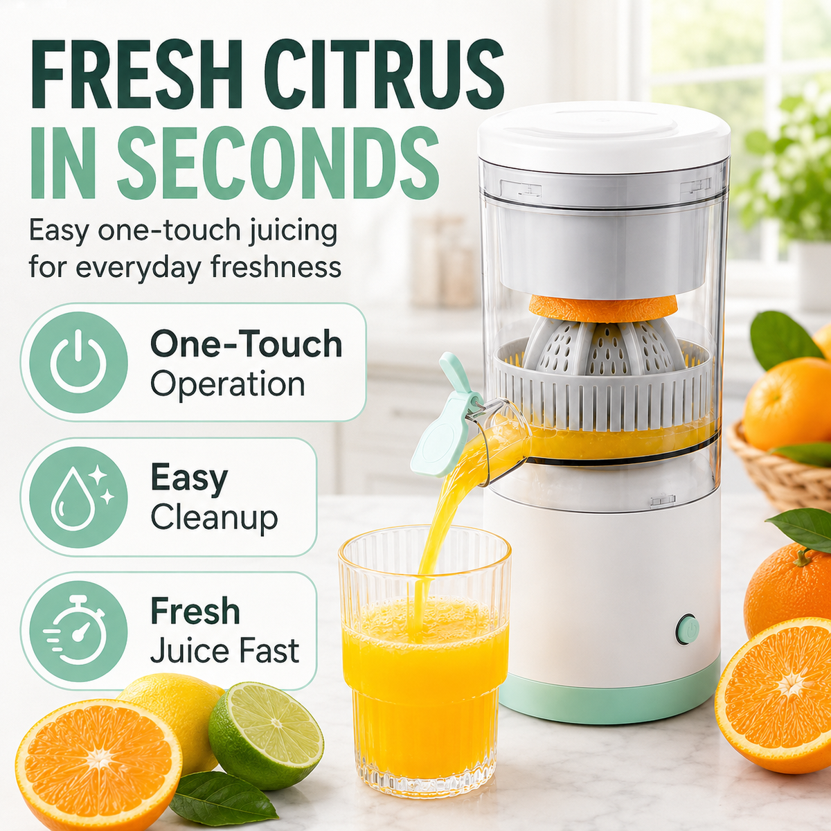Portable Electric Citrus Juicer with 360° Rotating Press, 80W Motor & One-Touch Operation – Compact Orange, Lemon & Lime Juice Extractor