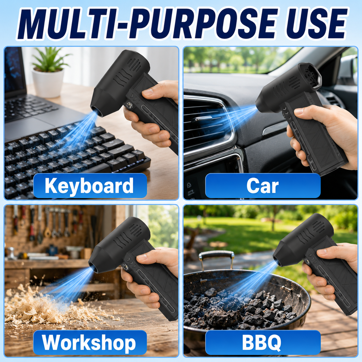 Mini Jet Fan Blower with LED Light – Rechargeable High-Speed Air Duster for Dust Cleaning, BBQ, Camping & Car Use